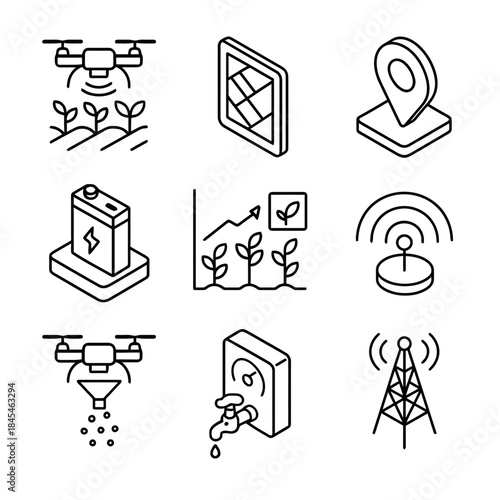 Smart agriculture icons: drone, battery, plant growth, and connectivity symbols