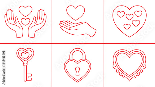 Red Line Art Heart Love and Care Icons Set