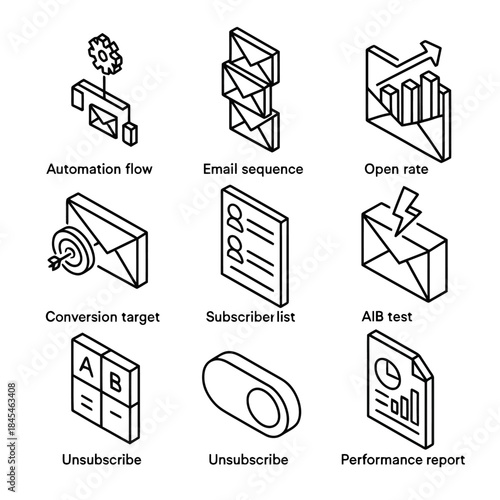 Email marketing icons: automation, reports, targets, and more