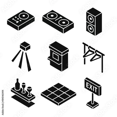 Isometric icons of dj equipment, speakers, bar, dance floor, exit sign