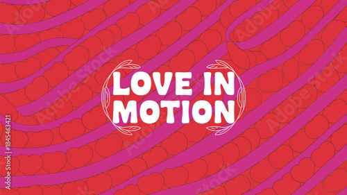 Vibrant hearts arranged in twisted flowing diagonal lines convey love in motion on pink background
