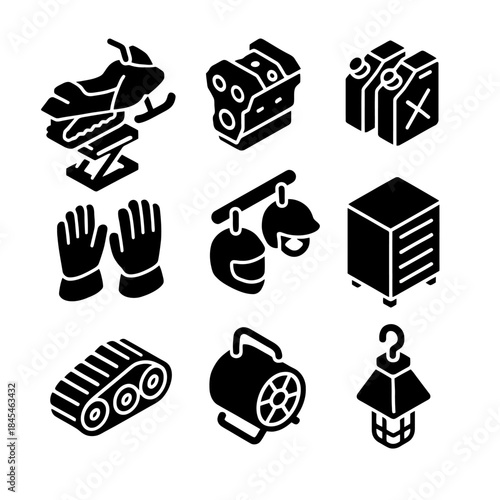 Motorsport equipment icons: snowmobile, engine, fuel, helmets, and gear
