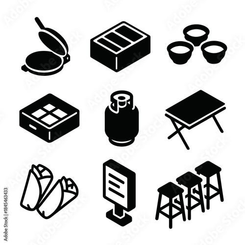 Collection of kitchen and dining silhouette icons: press, containers, seating, and more