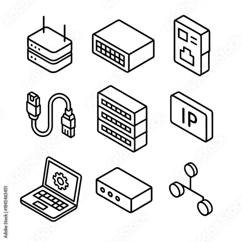Isometric network icons: router, switch, ethernet, server, ip, laptop, connection