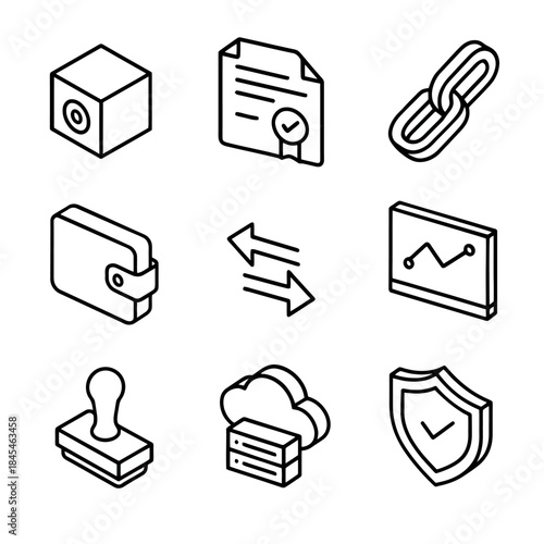 Blockchain and financial technology icons: wallet, cloud storage, data exchange, security