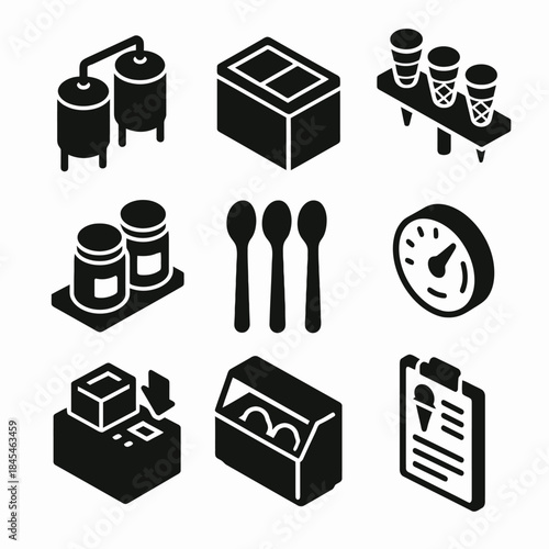 Ice cream production process icons set in black silhouette style
