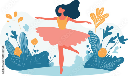 Ballerina dancing gracefully en pointe surrounded by abstract blue and orange nature foliage illustration for art design