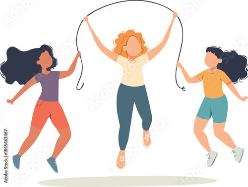 Three diverse girls jumping rope together enjoying outdoor fitness activity illustration friendship and healthy lifestyle