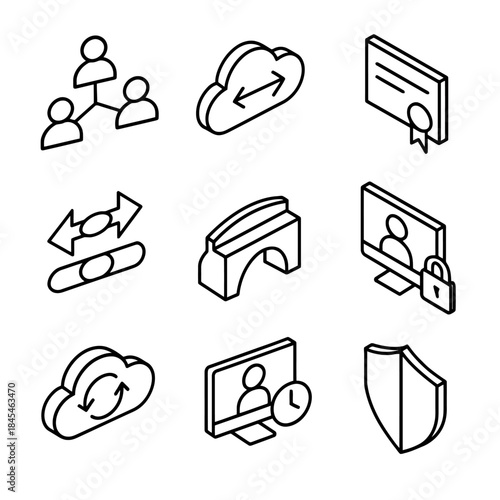 Minimalist icons: communication, cloud storage, certificate, security, shield, synchronization