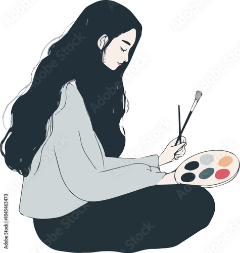 Young artist with long black hair sitting cross legged holding a paint brush and color palette illustration for creative hobbies and art inspiration