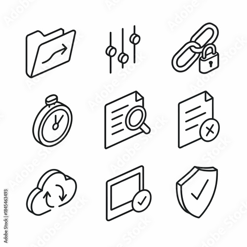 Line icons: file management, security, and cloud synchronization