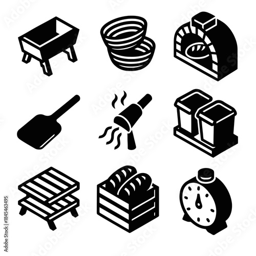 Baking tools and equipment icons - oven, timer, mixer, bread, baskets, paddle, torch, rising box