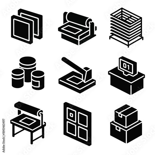 Isometric icons of printing and packaging equipment