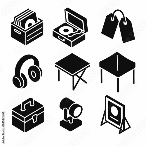 Set of black vinyl music and office icons including headphones and lamp