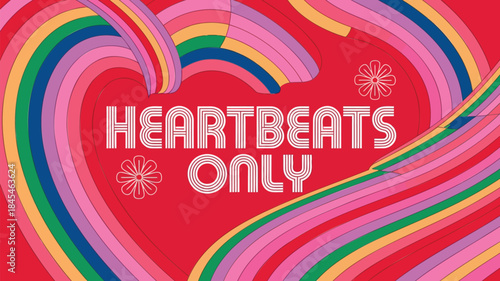 Interwoven rainbow hearts form a swirling pattern on a red background with a stylized heartbeats only text