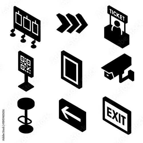 Isometric icons: ticket booth, qr code, exit, arrows, camera, frame, directions