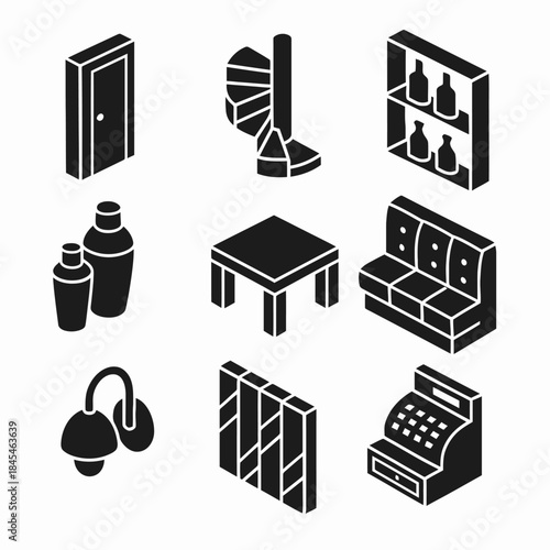 Isometric home furniture icons: door, stairs, sofa, shelf, table, decor, lamp, cabinet, register
