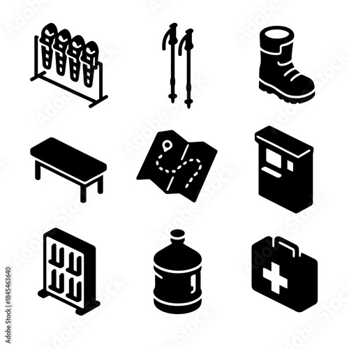 Outdoor adventure icons including skis, poles, boot, map, and first aid kit