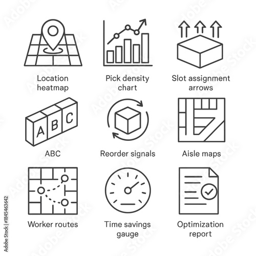 Warehouse management icons: heatmap, charts, signals, maps, optimization and more