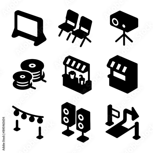 Event equipment icons: screen, chairs, camera, reels, booth, lights, speakers, barrier