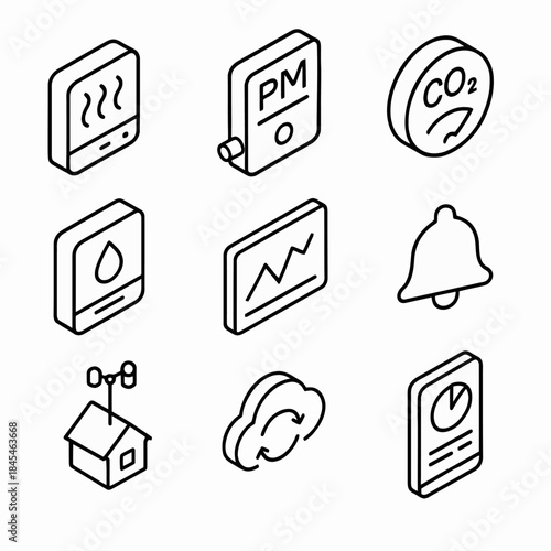 Smart home environment monitoring icons: temperature, air quality, weather, alerts