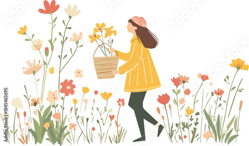 Woman gardener picking wildflowers in a field wearing yellow coat and hat harvesting spring flowers illustration