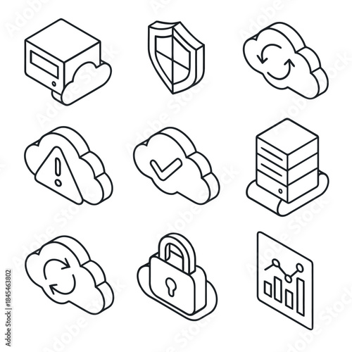 Minimalist cloud computing icons: data security and synchronization concepts