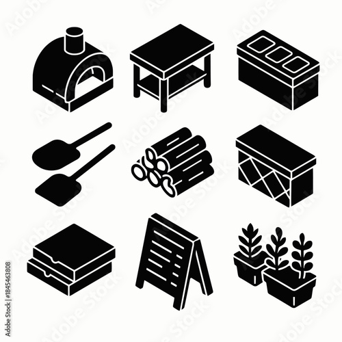 Pizza oven and kitchen tools icons: wood, tables, plants, signs