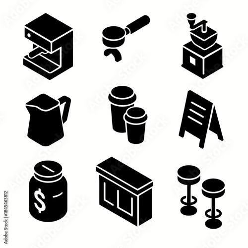 Coffee shop icons set: espresso machine, grinder, cups, and more