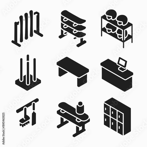Laundry room equipment icons set: shelves, tables, racks, and storage units