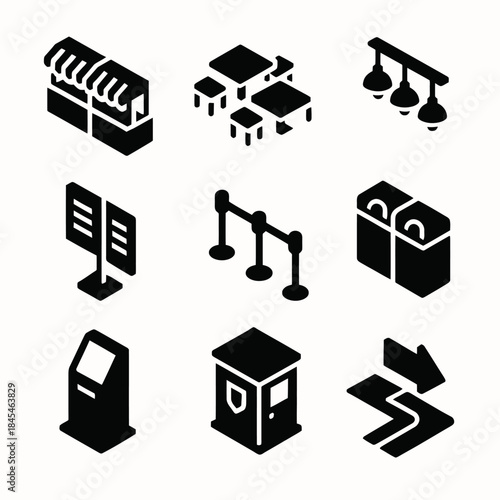 Isometric icons of stores, furniture, lighting, signs, barriers, waste, kiosk, path