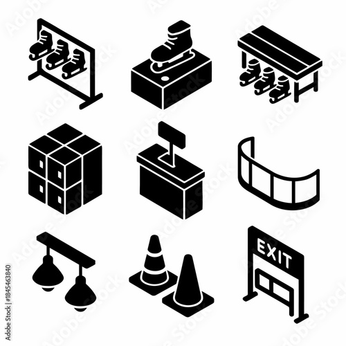 Isometric icons of ice skating rink equipment and facilities