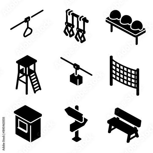 Outdoor playground equipment icons set: swings, climbing tower, volleyball net, and bench