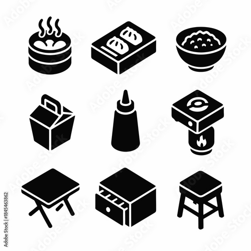 Black and white icons of asian food items and kitchenware