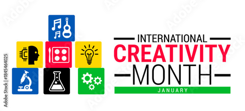 International Creativity Month background, banner, card or poster design template is observed every year during January, to raise awareness about the mission. Vector illustration.