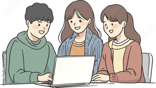 Three happy students collaborating on a laptop project study group teamwork illustration drawing isolated on white background