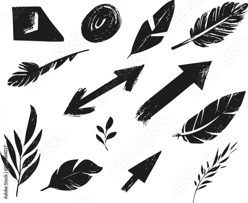 Black Grunge Brush Stroke Arrows Tribal Feathers and Botanical Leaves Hand Drawn Elements for Design Navigation and Rustic Decor