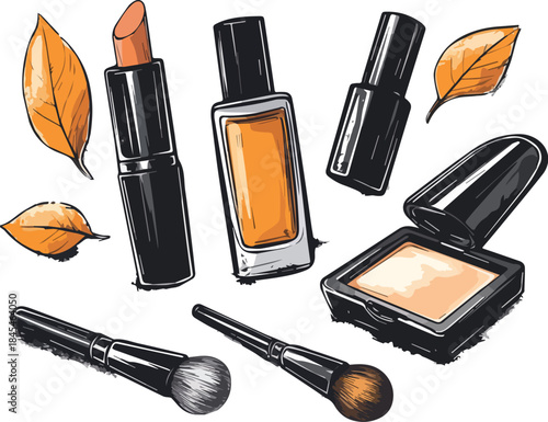 Autumn Makeup Collection Illustration with Orange Lipstick Foundation Nail Polish Powder and Makeup Brushes with Fall Leaves