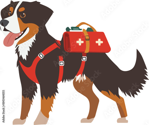 Bernese Mountain Dog search and rescue helper with first aid kit flat illustration animal assistance concept
