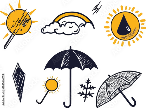 Doodle weather icons set sun cloud rainbow lightning rain drop ice crystal snowflake umbrella for forecast design template elements