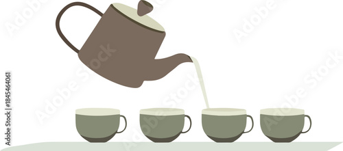 Minimalist illustration of a brown teapot pouring light liquid into four small green coffee mugs arranged in a row for serving tea or hot beverage