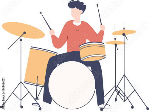 Flat illustration of male drummer playing drum set music percussion isolated on white background for band concept