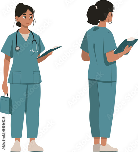 Female Nurse Doctor with Stethoscope Holding Clipboard and Medical Bag Front and Back View on White Background
