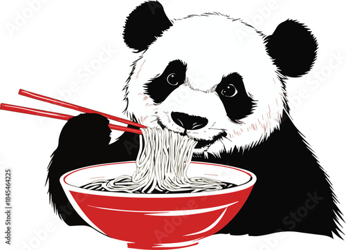 Cute black and white panda bear cartoon eating ramen noodles with red chopsticks and bowl graphic art isolated on white