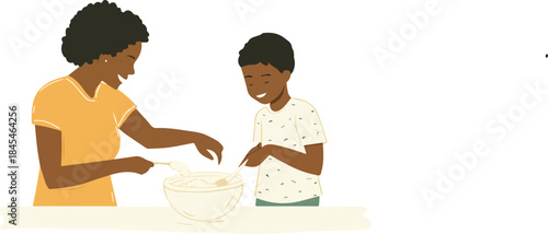 Happy African American mother and son baking together mixing ingredients in a bowl family cooking activity illustration isolated on white background