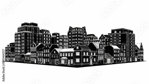 Black and White Cityscape with Diverse Buildings.