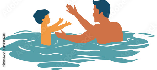 Father and child playing in pool water happy summer vacation swimming fun abstract illustration vector