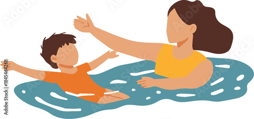 Mother teaching child to swim floating on water summer vacation illustration concept isolated on white background