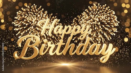 Golden 3d text saying happy birthday with sparkling fireworks and glitter on a dark elegant background for celebration
