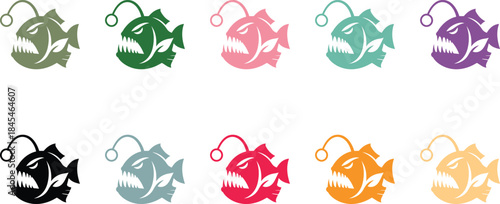 Colorful anglerfish icons with glowing lures, Deep sea fish icon collection design